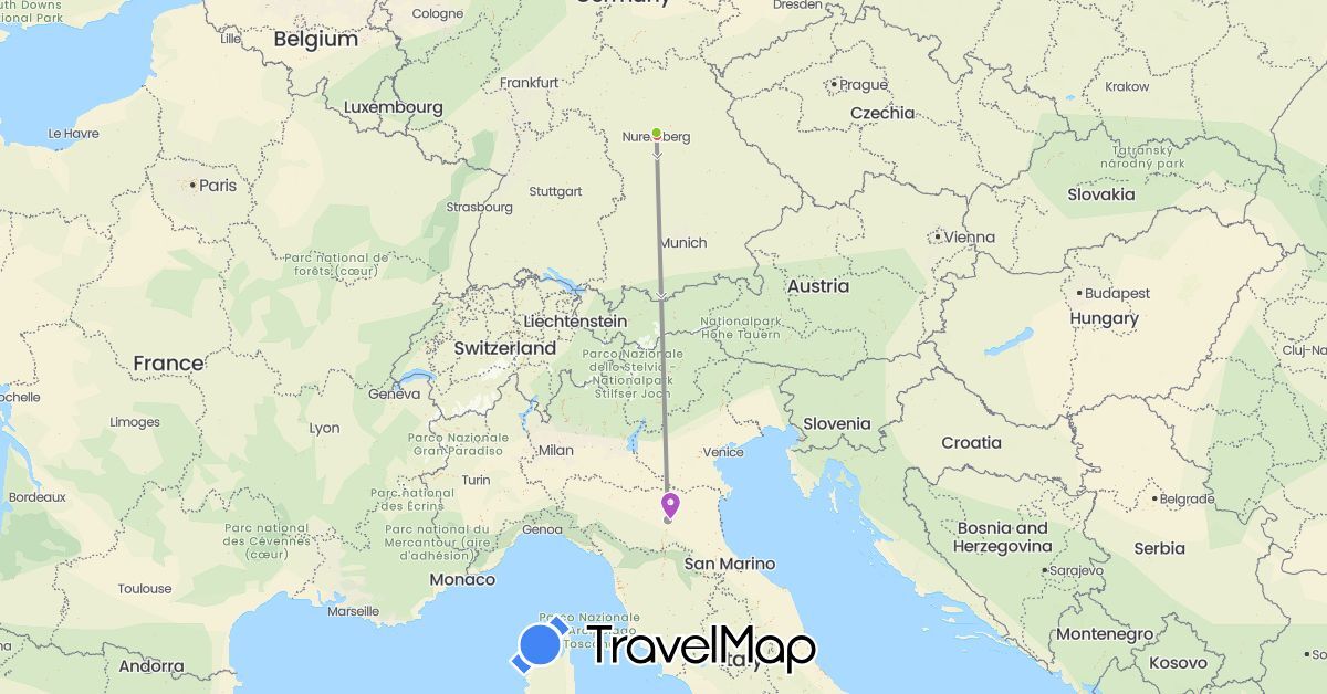 TravelMap itinerary: driving, plane, train, hiking, electric vehicle in Germany, Italy (Europe)